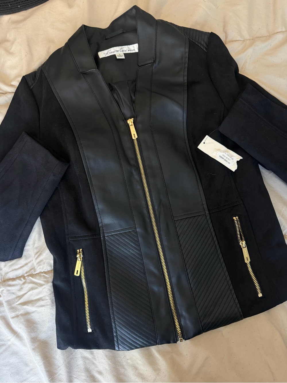 Kenneth Cole New York Black Faux-Leather Panel Zip Jacket with Gold Hardware